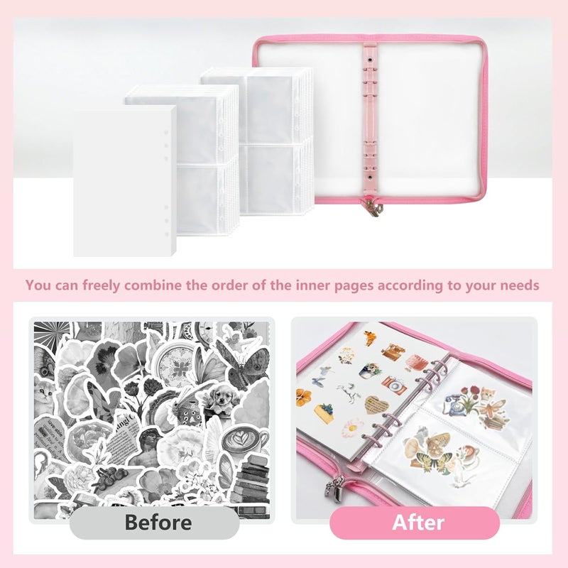 NOCAFI Sticker Storage Organizer Binder A5 Sticker Collecting Book Zipper Album for Adult with Blank Reusable Release Paper and Pocket Pages (Pink) - Image 5